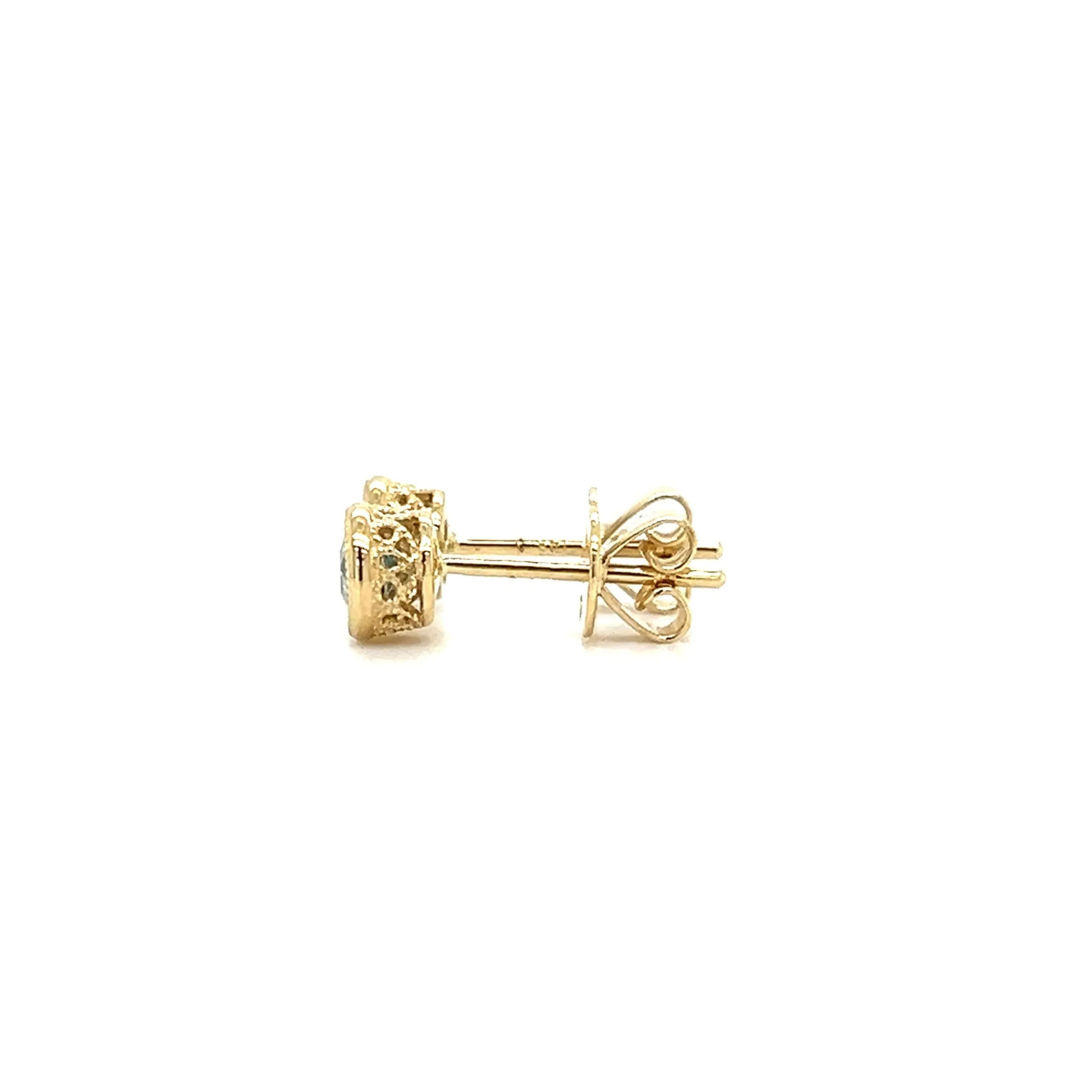Round Blue Topaz Stud Earrings with Filigree and Milgrain Details in 14K Yellow Gold