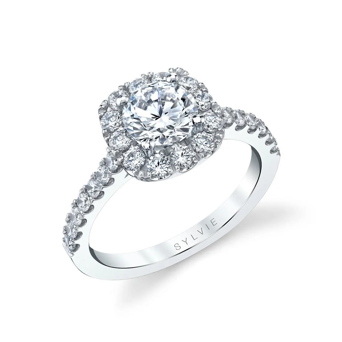 Round Cushion Cut Classic Halo Engagement Ring - Jacalyn 14k Gold White