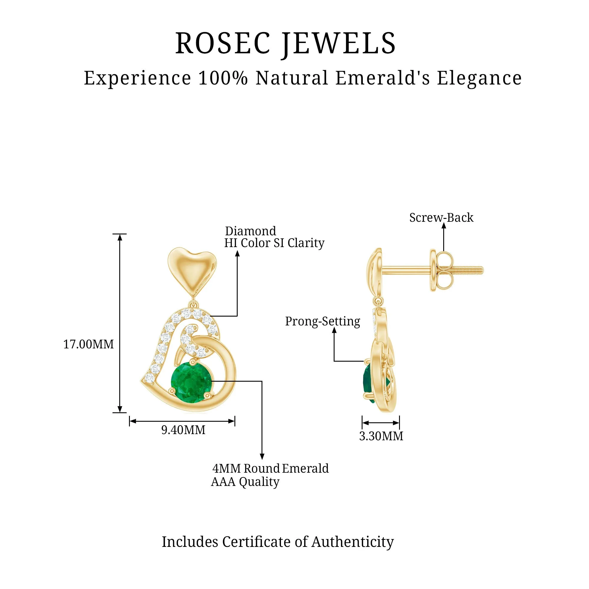 Round Emerald and Diamond Heart Drop Earrings