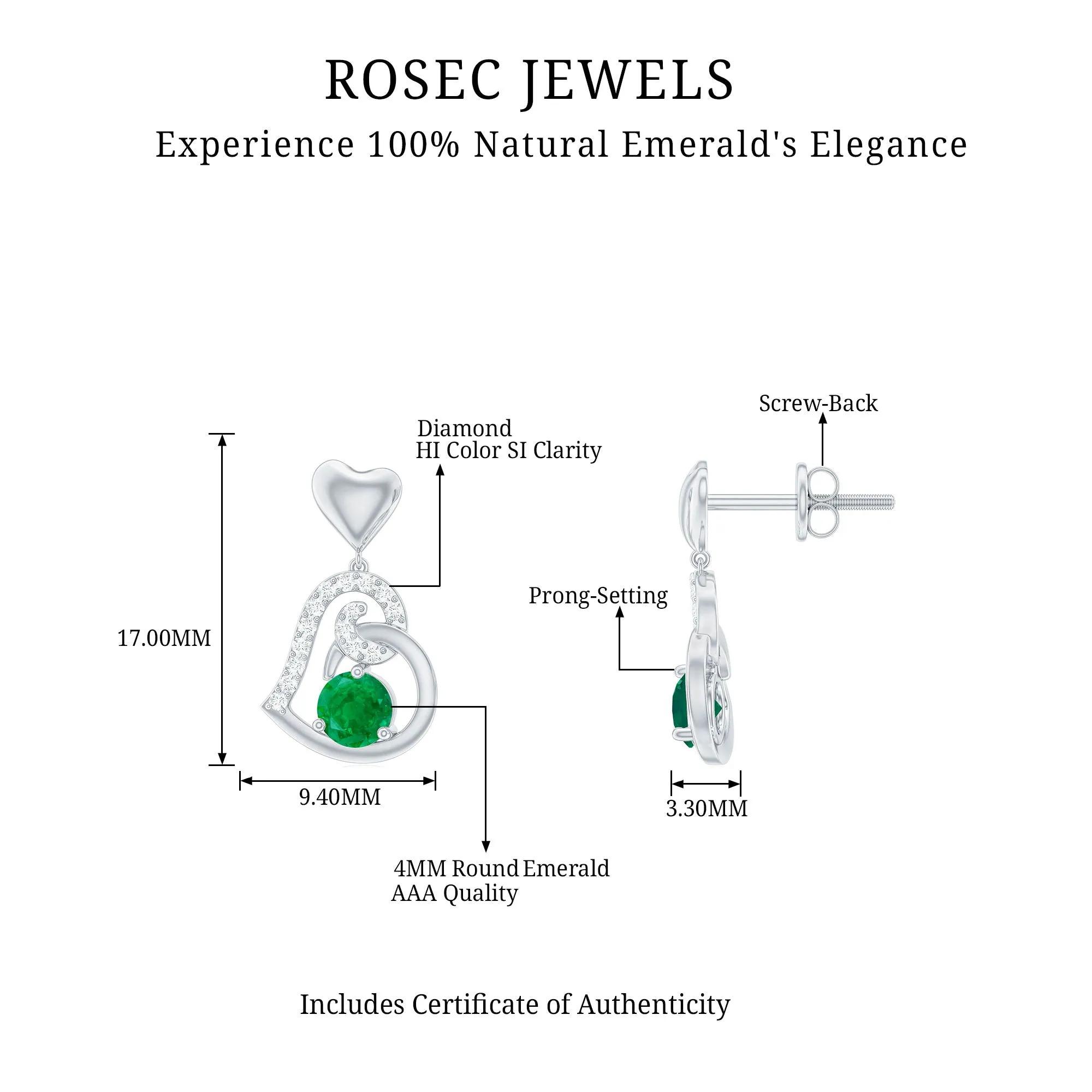 Round Emerald and Diamond Heart Drop Earrings