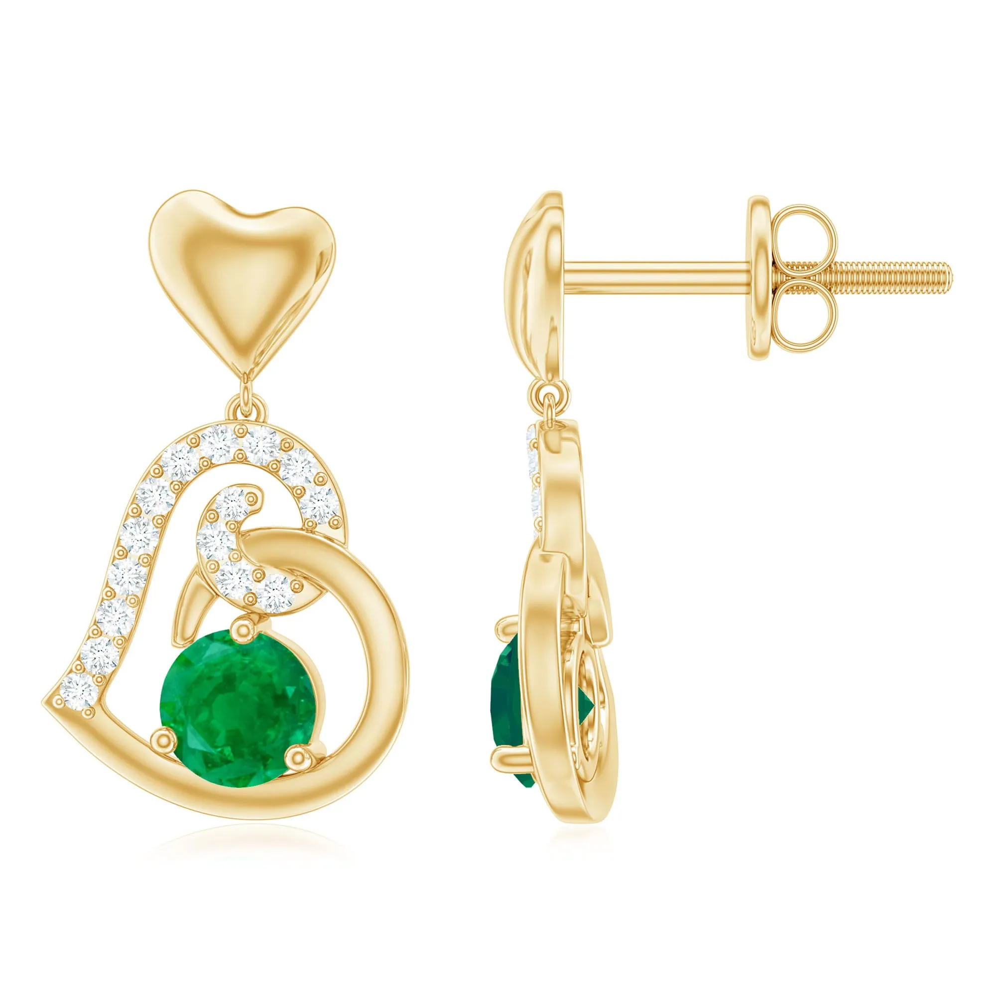 Round Emerald and Diamond Heart Drop Earrings