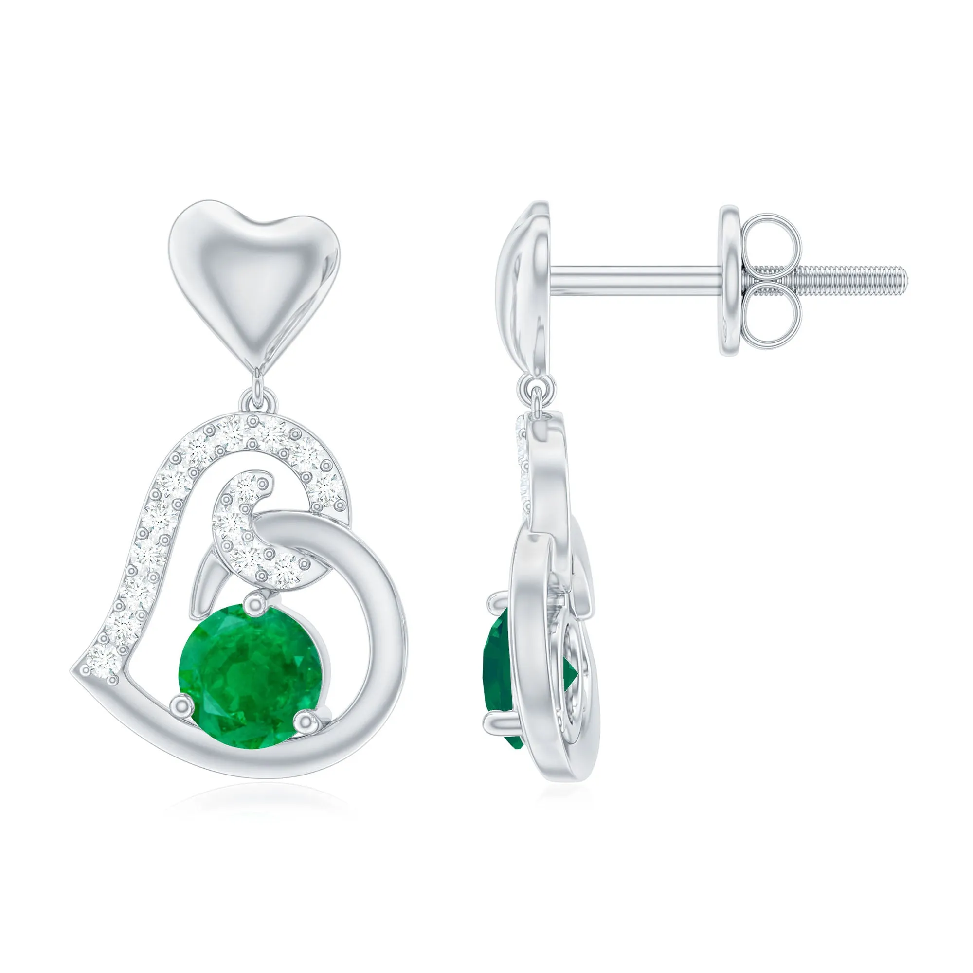 Round Emerald and Diamond Heart Drop Earrings