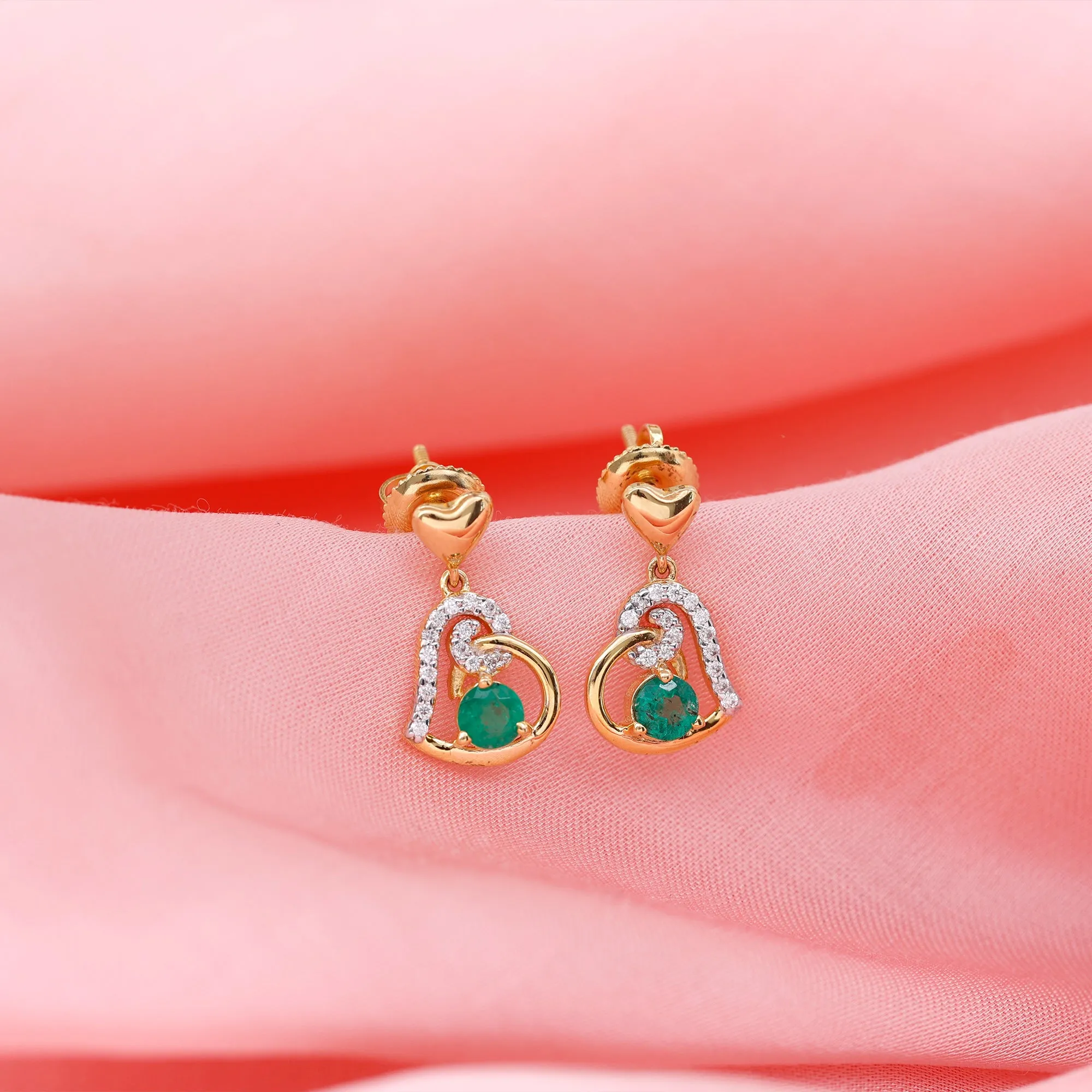 Round Emerald and Diamond Heart Drop Earrings