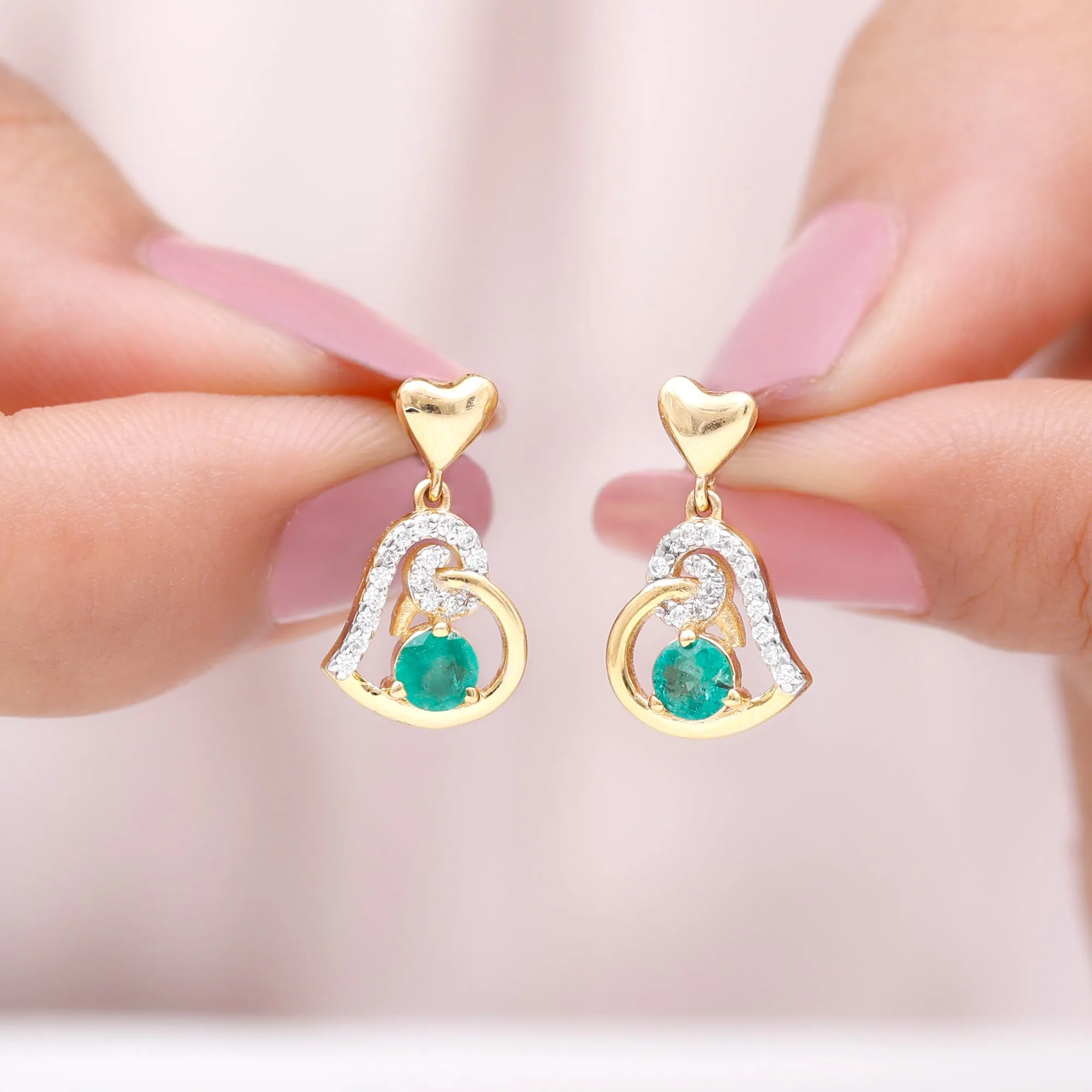 Round Emerald and Diamond Heart Drop Earrings