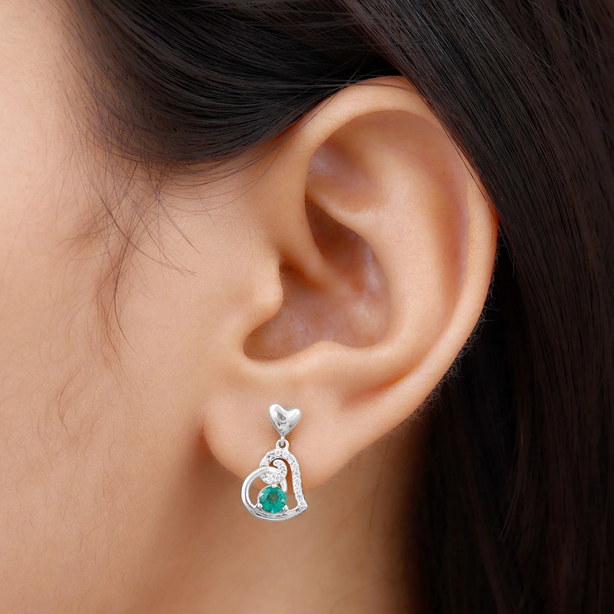 Round Emerald and Diamond Heart Drop Earrings