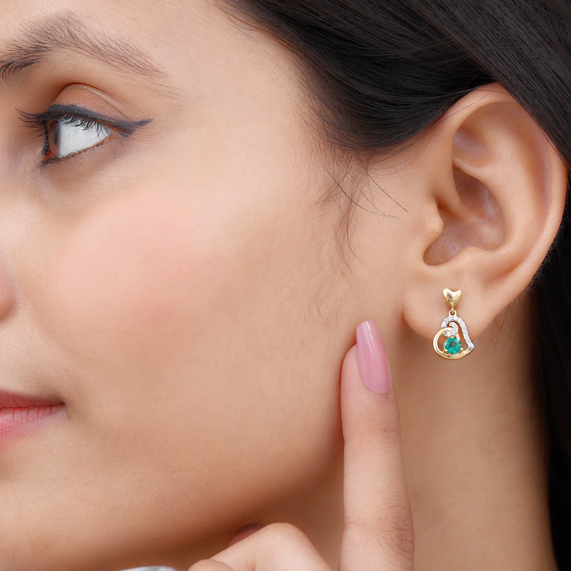 Round Emerald and Diamond Heart Drop Earrings