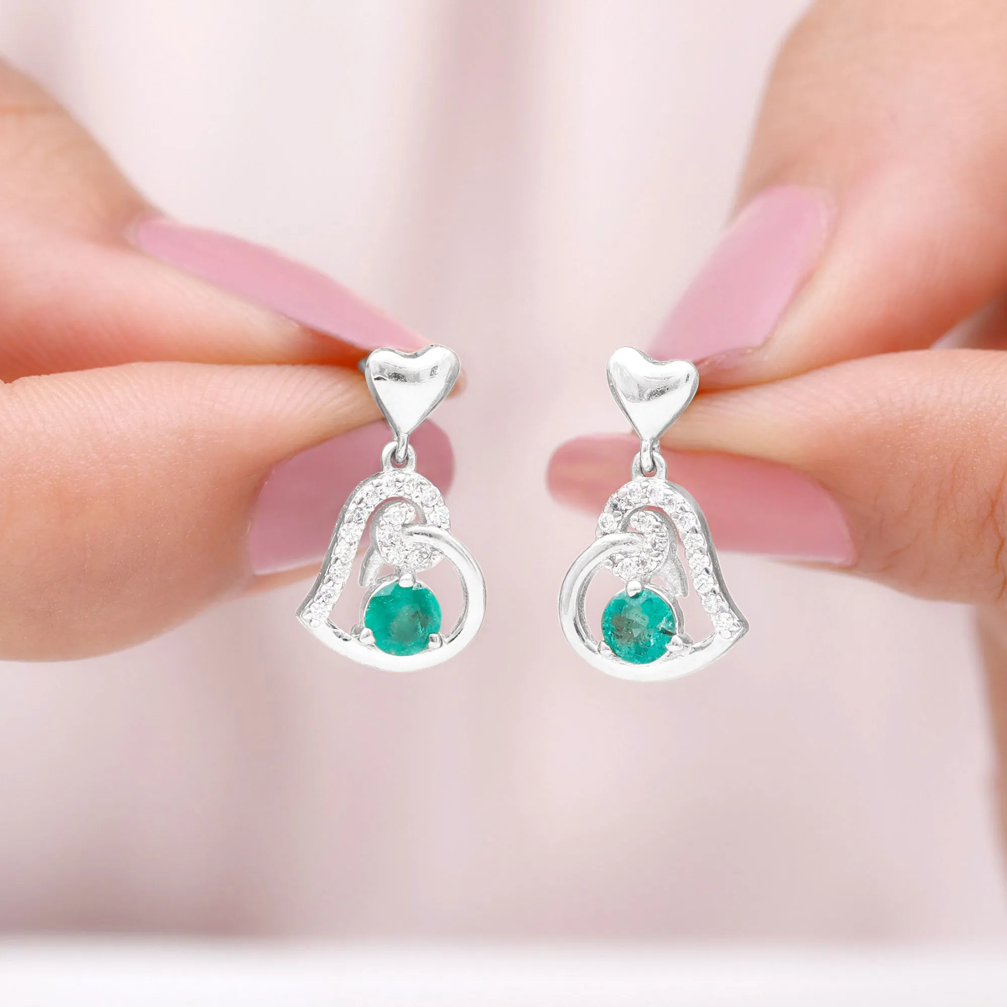 Round Emerald and Diamond Heart Drop Earrings