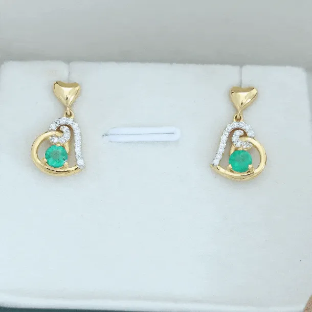 Round Emerald and Diamond Heart Drop Earrings