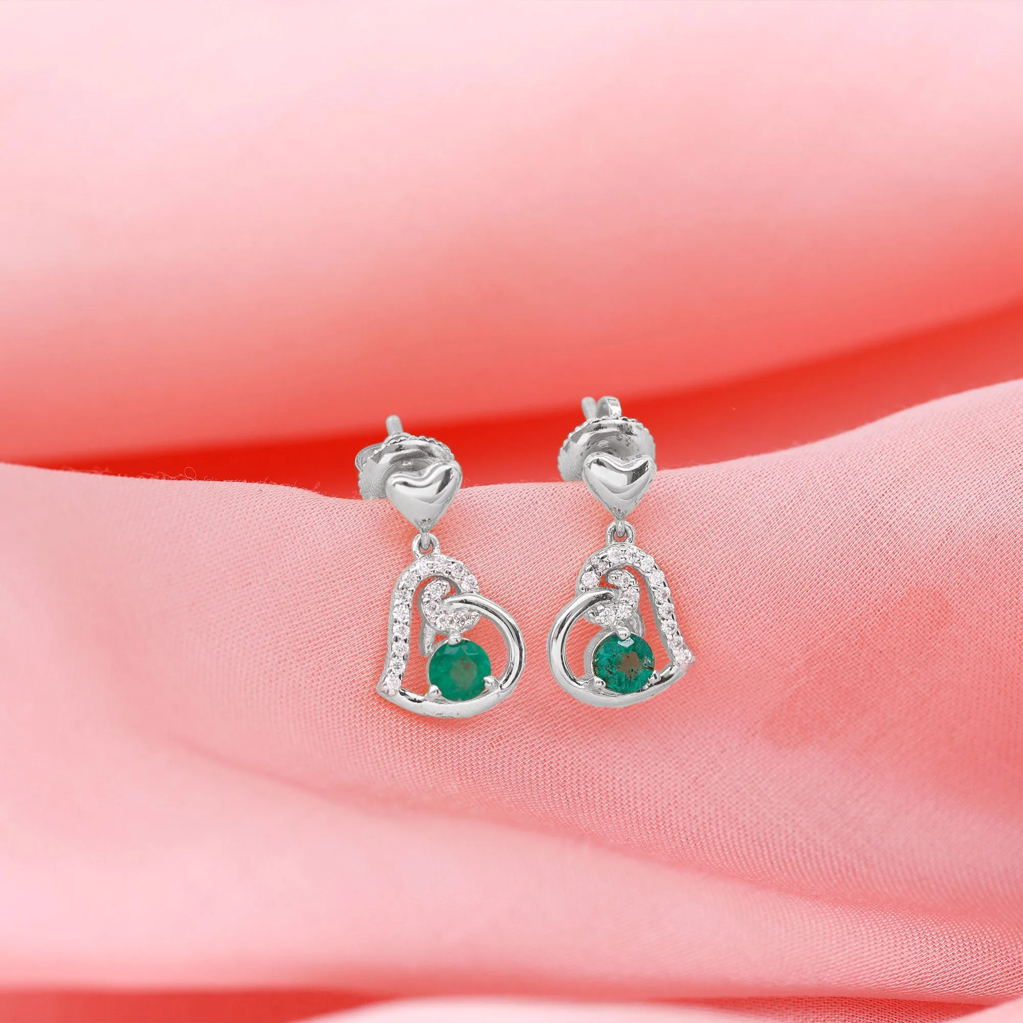 Round Emerald and Diamond Heart Drop Earrings