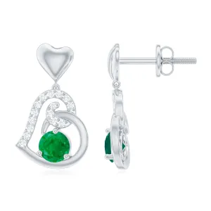 Round Emerald and Diamond Heart Drop Earrings