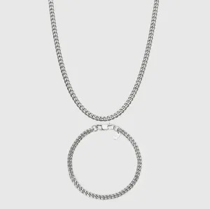 Silver Cuban Link Chain and Bracelet Set - 4 mm