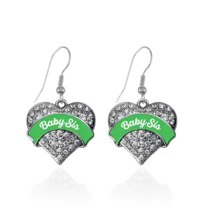 Silver Emerald Green Baby Sister Pave Heart Charm Dangle Earrings
