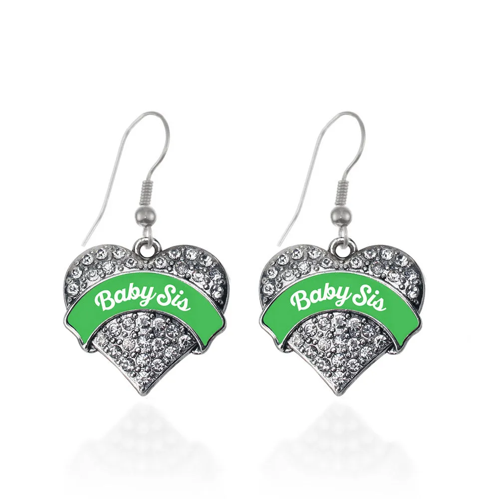 Silver Emerald Green Baby Sister Pave Heart Charm Dangle Earrings