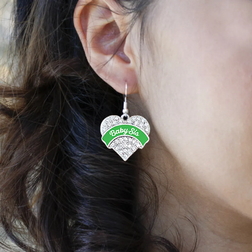 Silver Emerald Green Baby Sister Pave Heart Charm Dangle Earrings