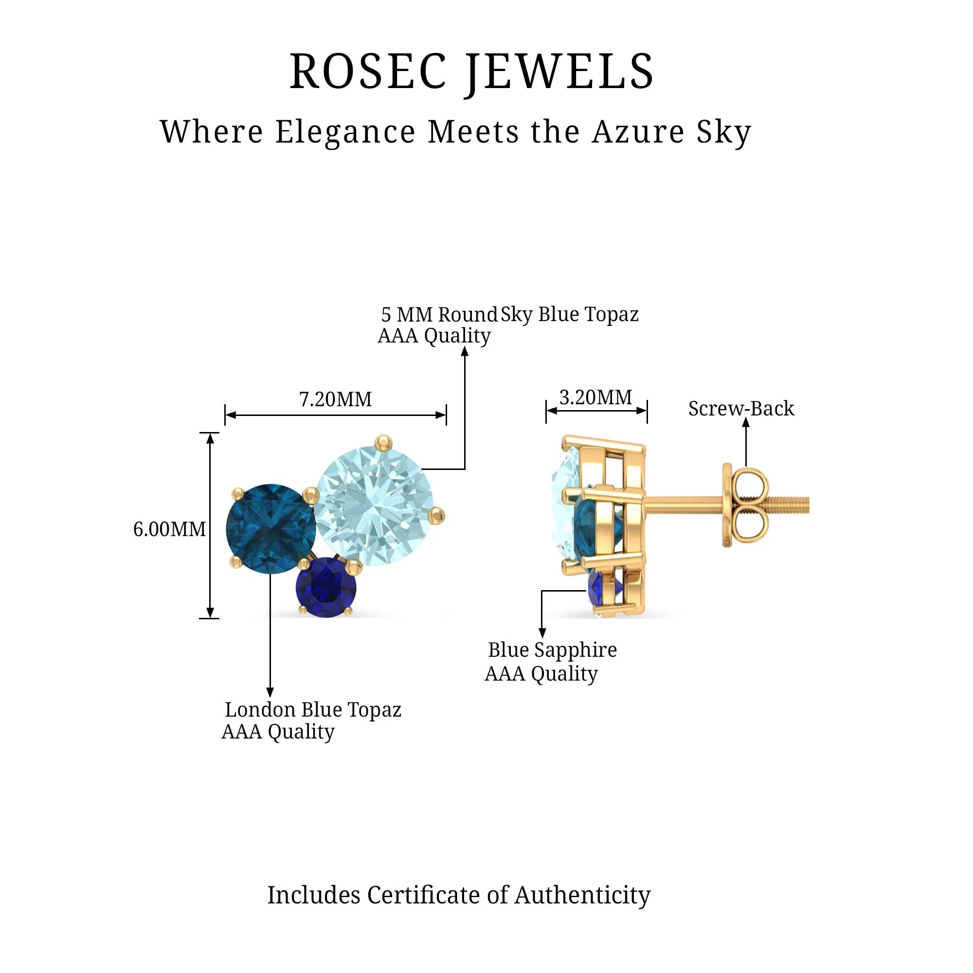Sky Blue Topaz Three Stone Stud Earrings with London Blue Topaz and Blue Sapphire