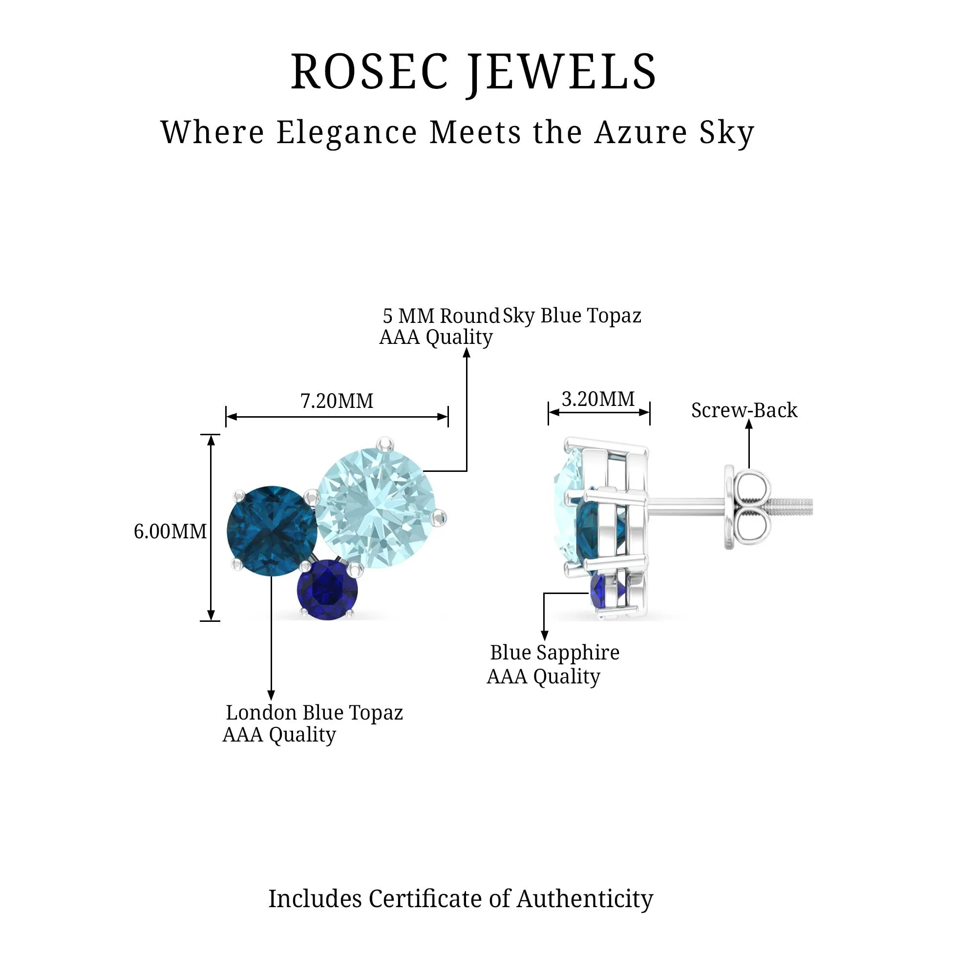 Sky Blue Topaz Three Stone Stud Earrings with London Blue Topaz and Blue Sapphire
