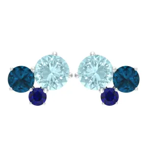 Sky Blue Topaz Three Stone Stud Earrings with London Blue Topaz and Blue Sapphire