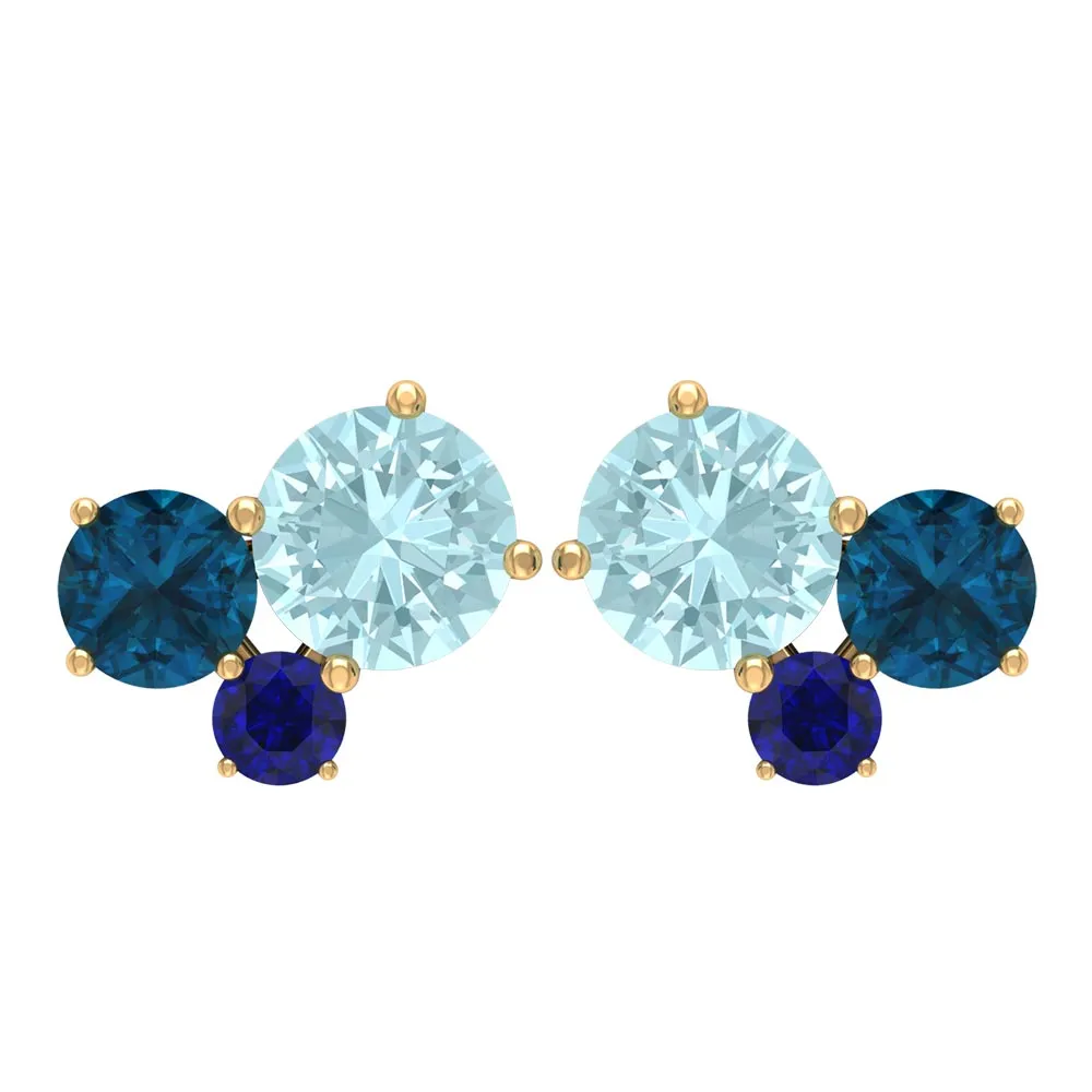Sky Blue Topaz Three Stone Stud Earrings with London Blue Topaz and Blue Sapphire