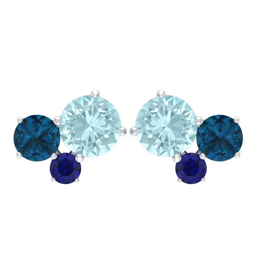 Sky Blue Topaz Three Stone Stud Earrings with London Blue Topaz and Blue Sapphire