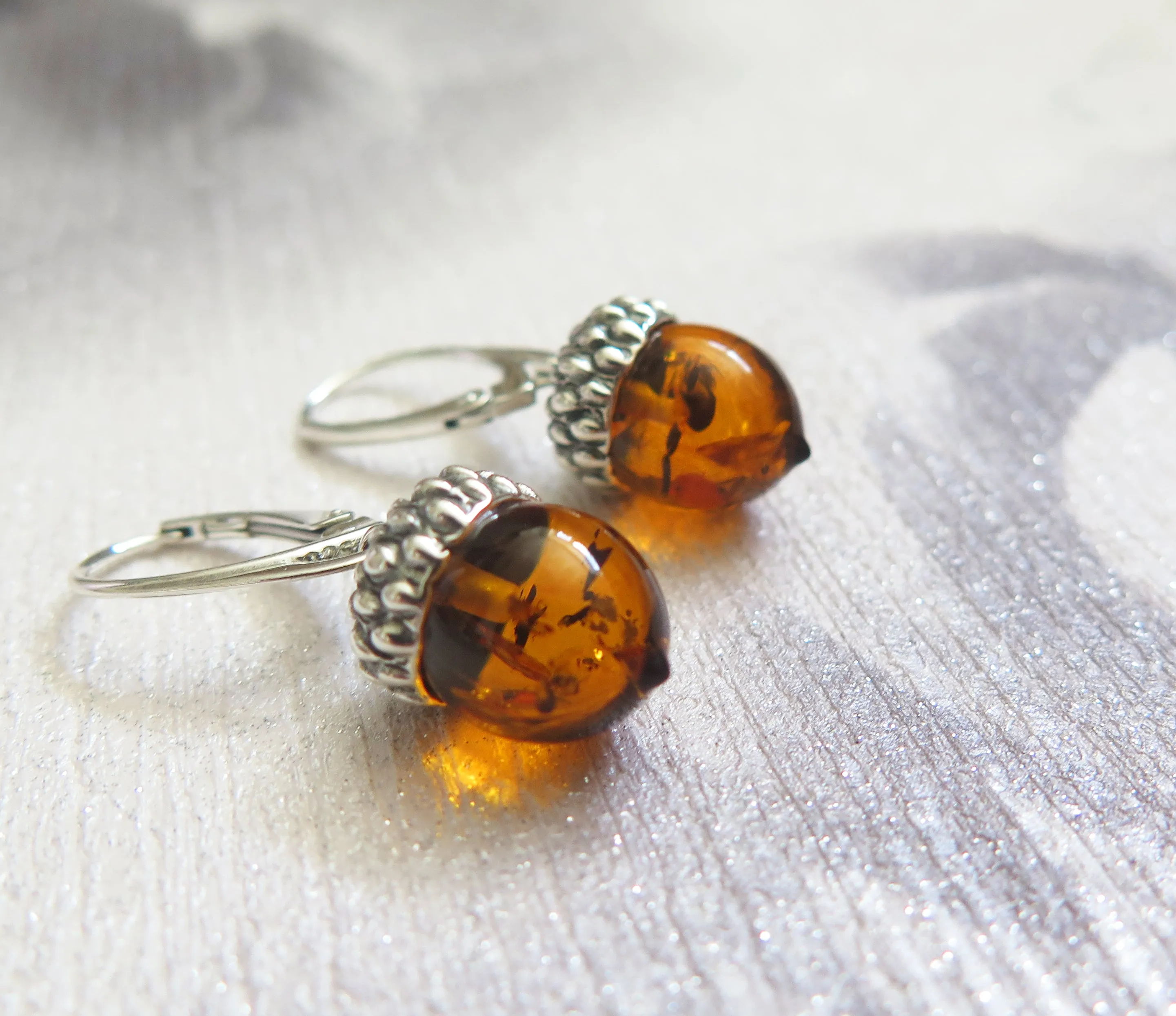 Sterling Silver Cognac Amber Acorn Earrings