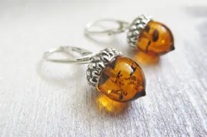 Sterling Silver Cognac Amber Acorn Earrings