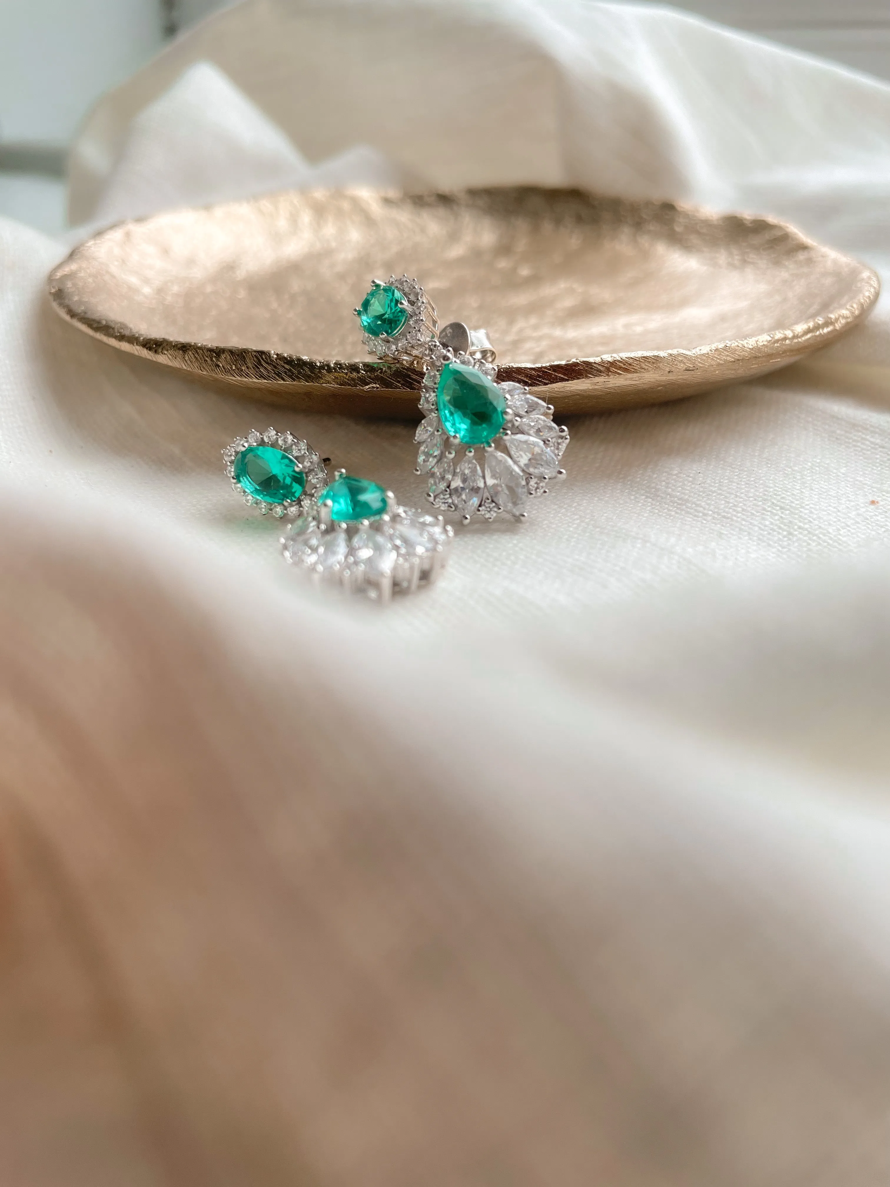 Sterling Silver Emerald And Cz Drop Earrings