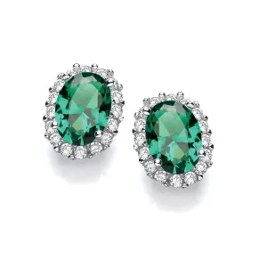 Sterling Silver Emerald Green CZ Oval Cluster Stud Earrings