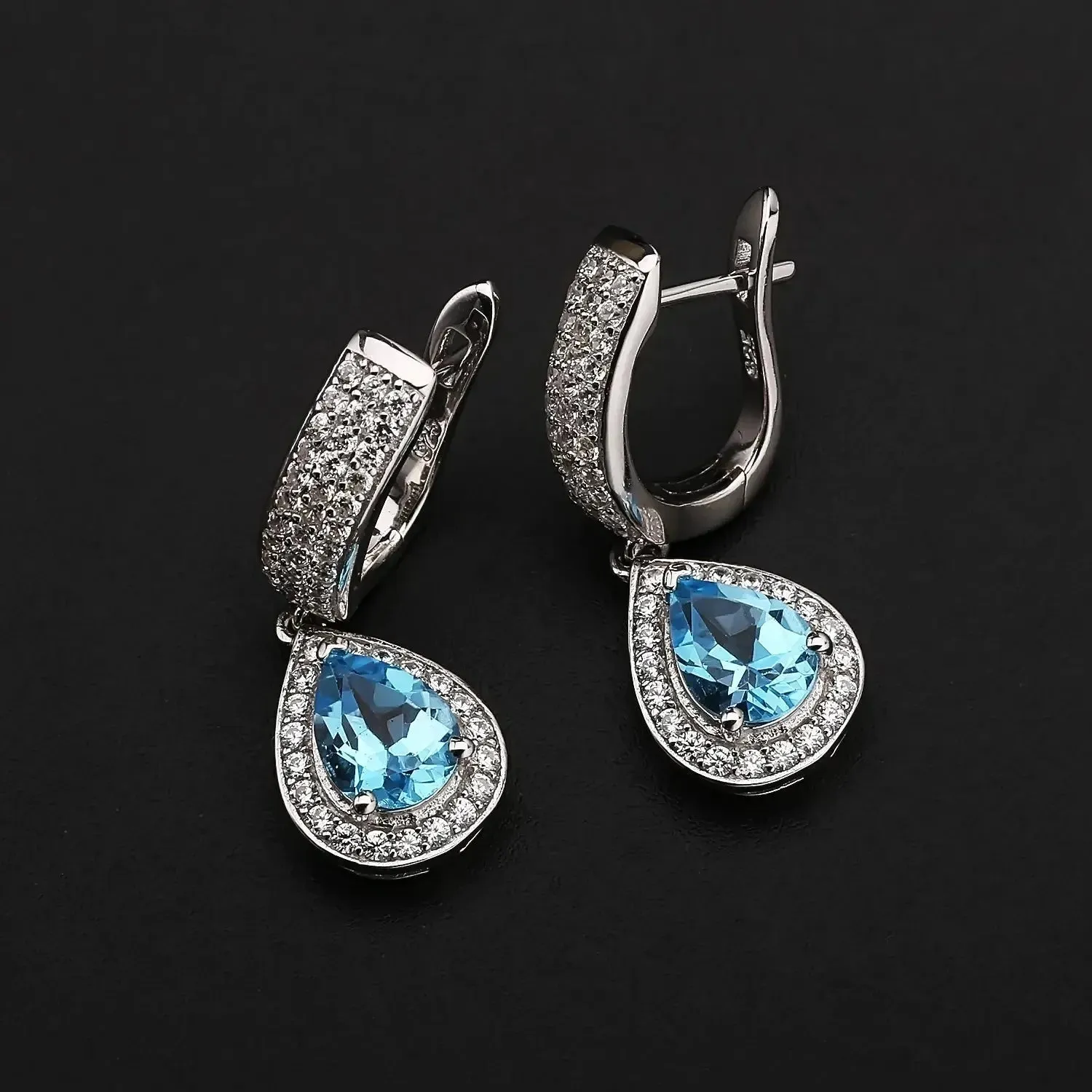 Swiss Blue Topaz Pear Cut Dangling Earrings
