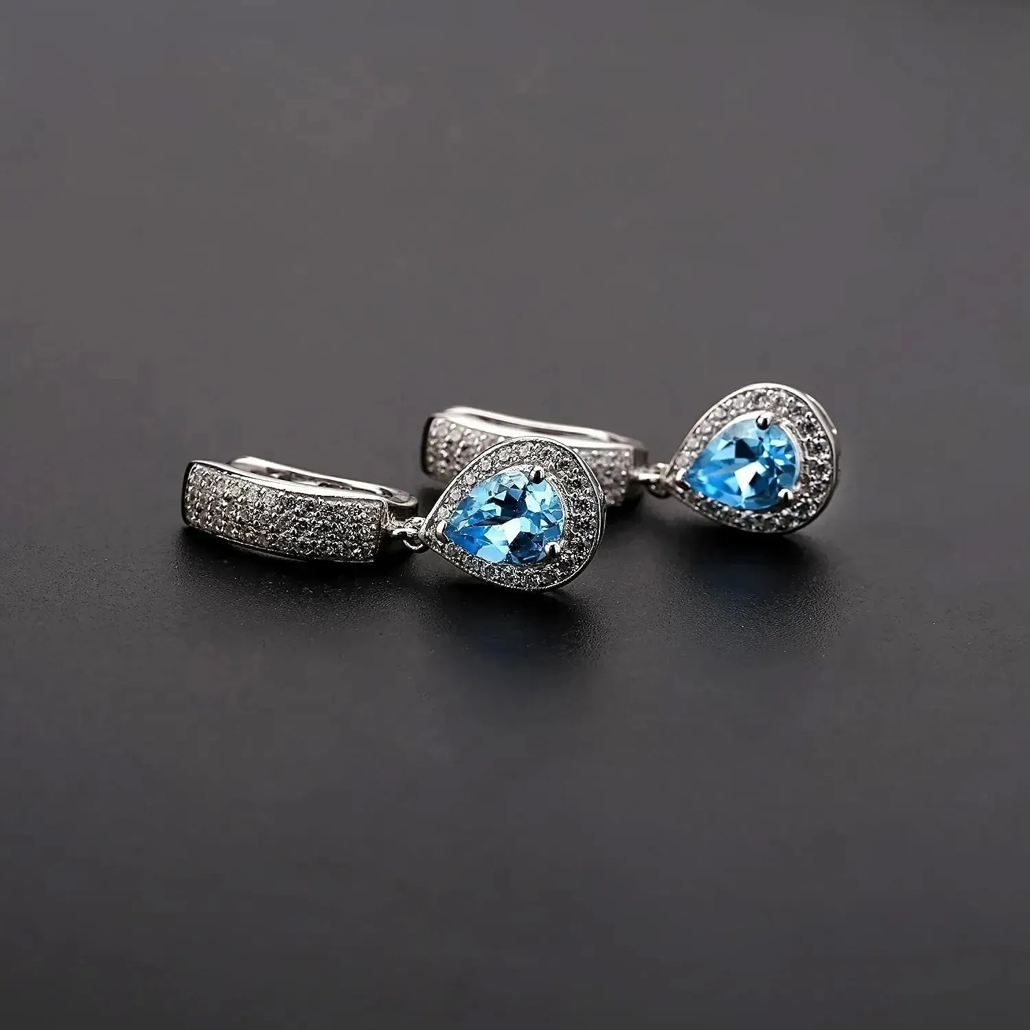 Swiss Blue Topaz Pear Cut Dangling Earrings