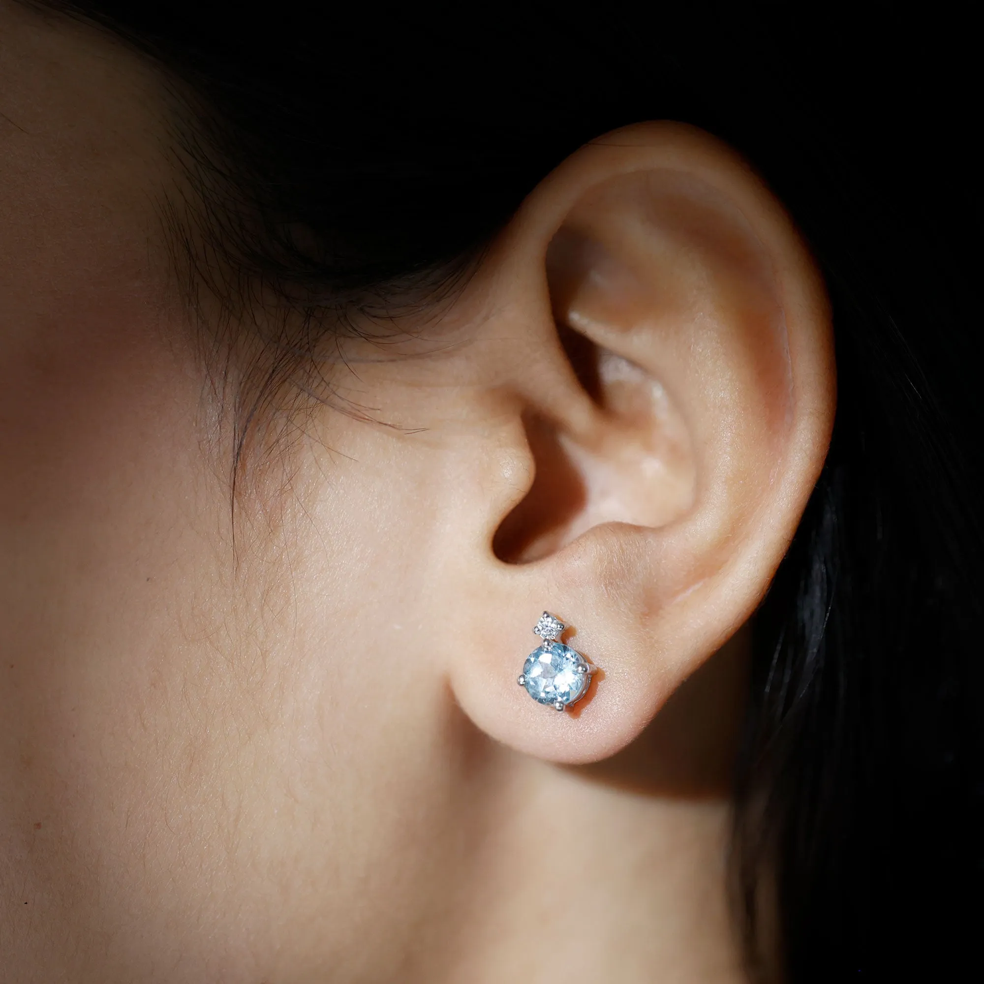 Swiss Blue Topaz Solitaire Silver Stud Earrings with Moissanite