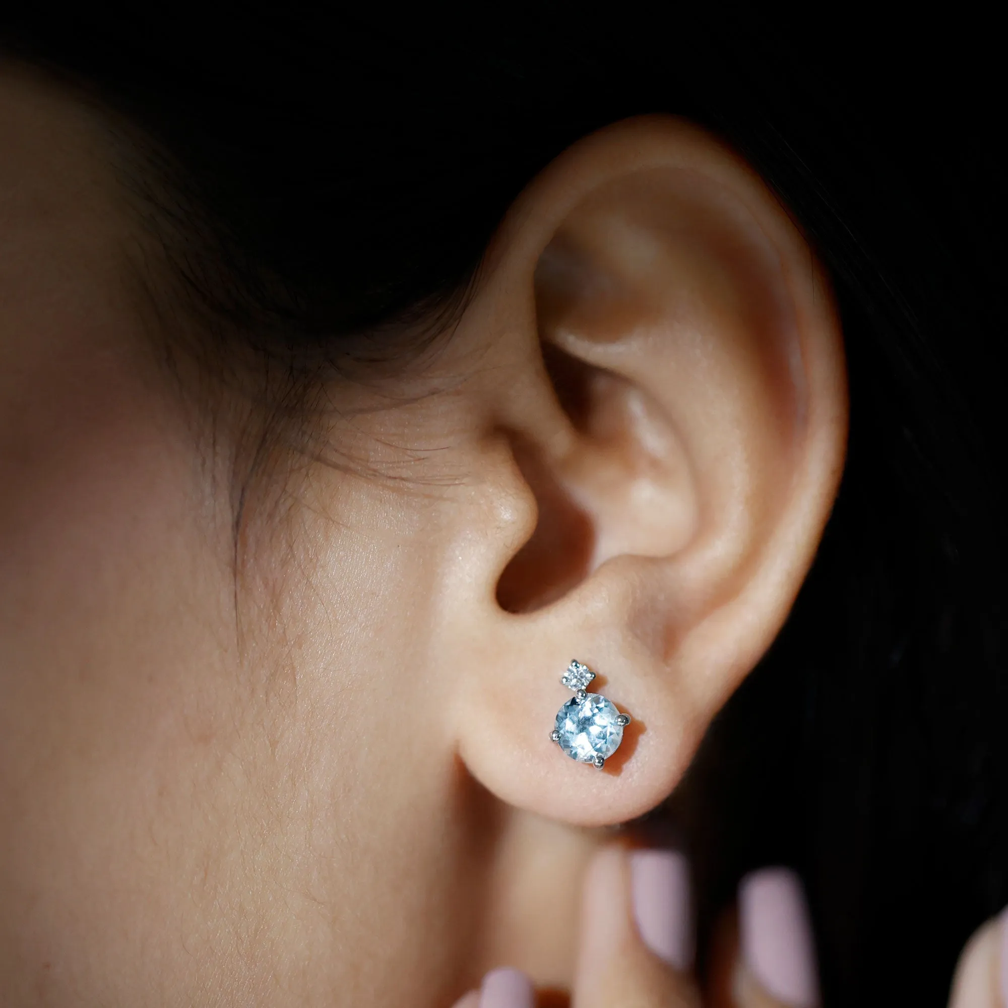 Swiss Blue Topaz Solitaire Silver Stud Earrings with Moissanite