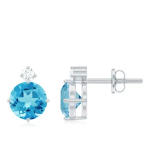 Swiss Blue Topaz Solitaire Silver Stud Earrings with Moissanite