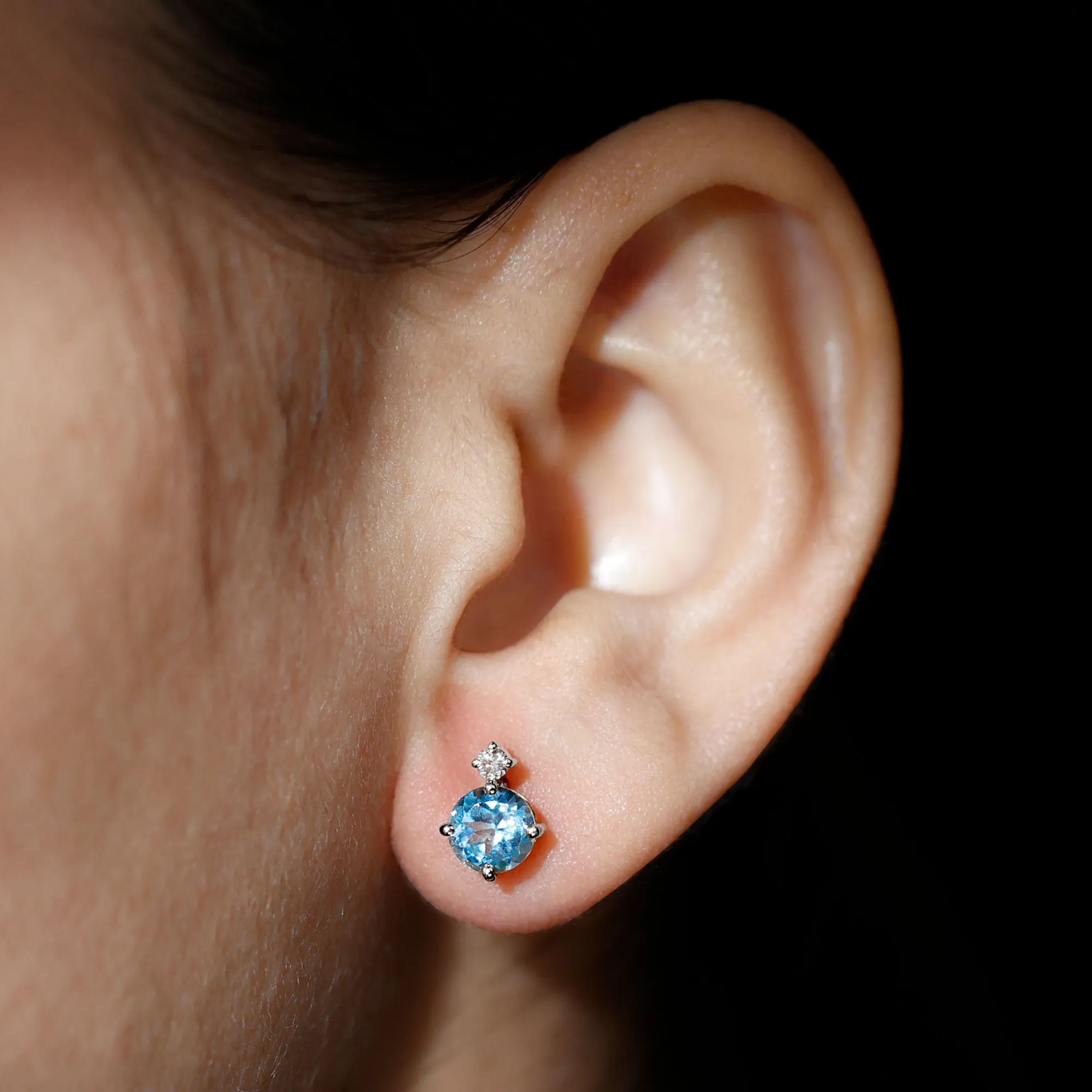 Swiss Blue Topaz Solitaire Silver Stud Earrings with Moissanite