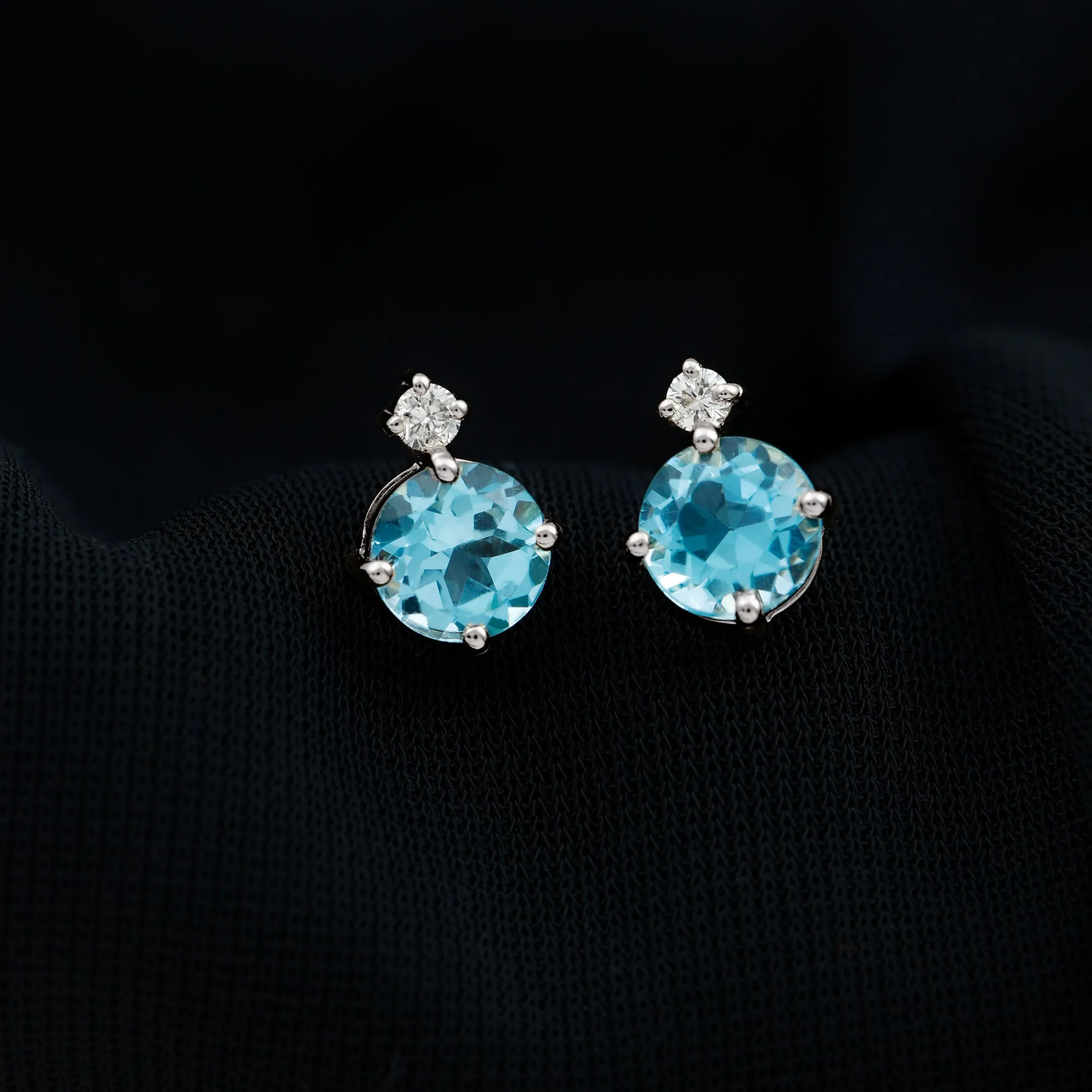 Swiss Blue Topaz Solitaire Silver Stud Earrings with Moissanite