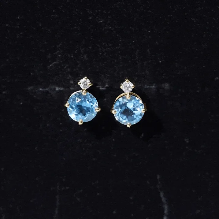 Swiss Blue Topaz Solitaire Silver Stud Earrings with Moissanite