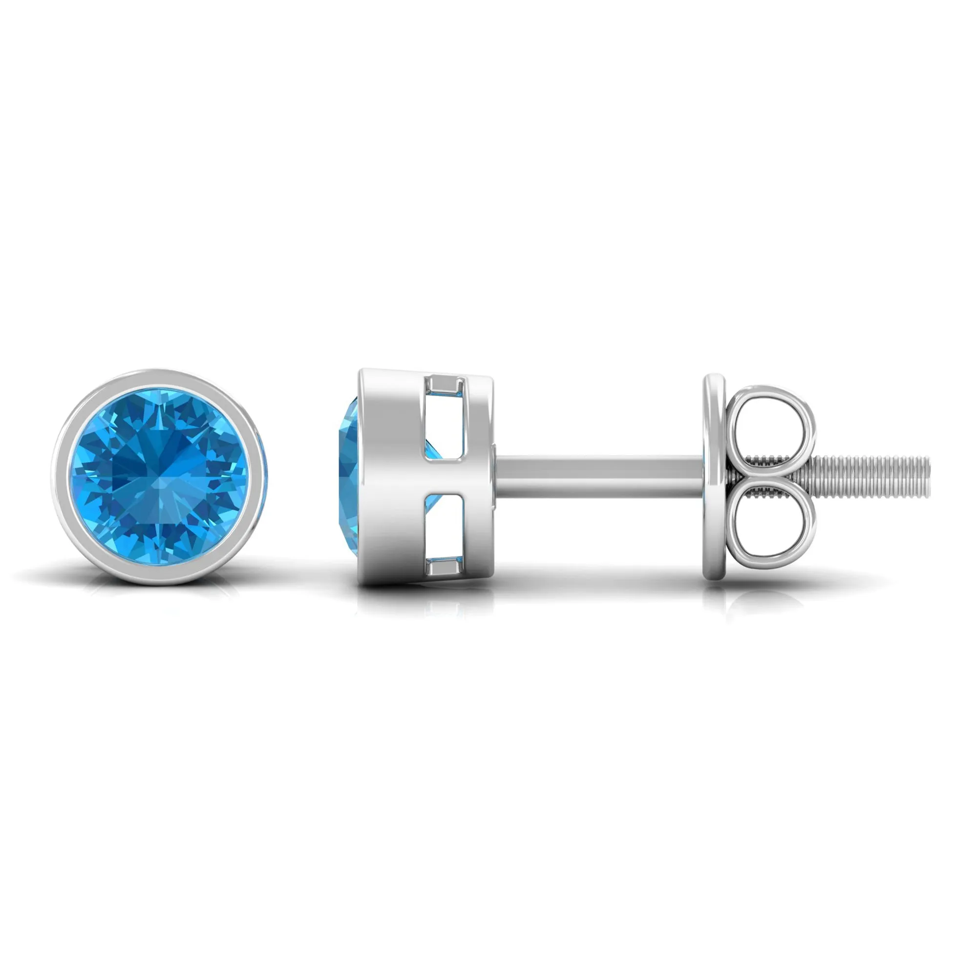 Swiss Blue Topaz Solitaire Stud Earrings in Bezel Setting