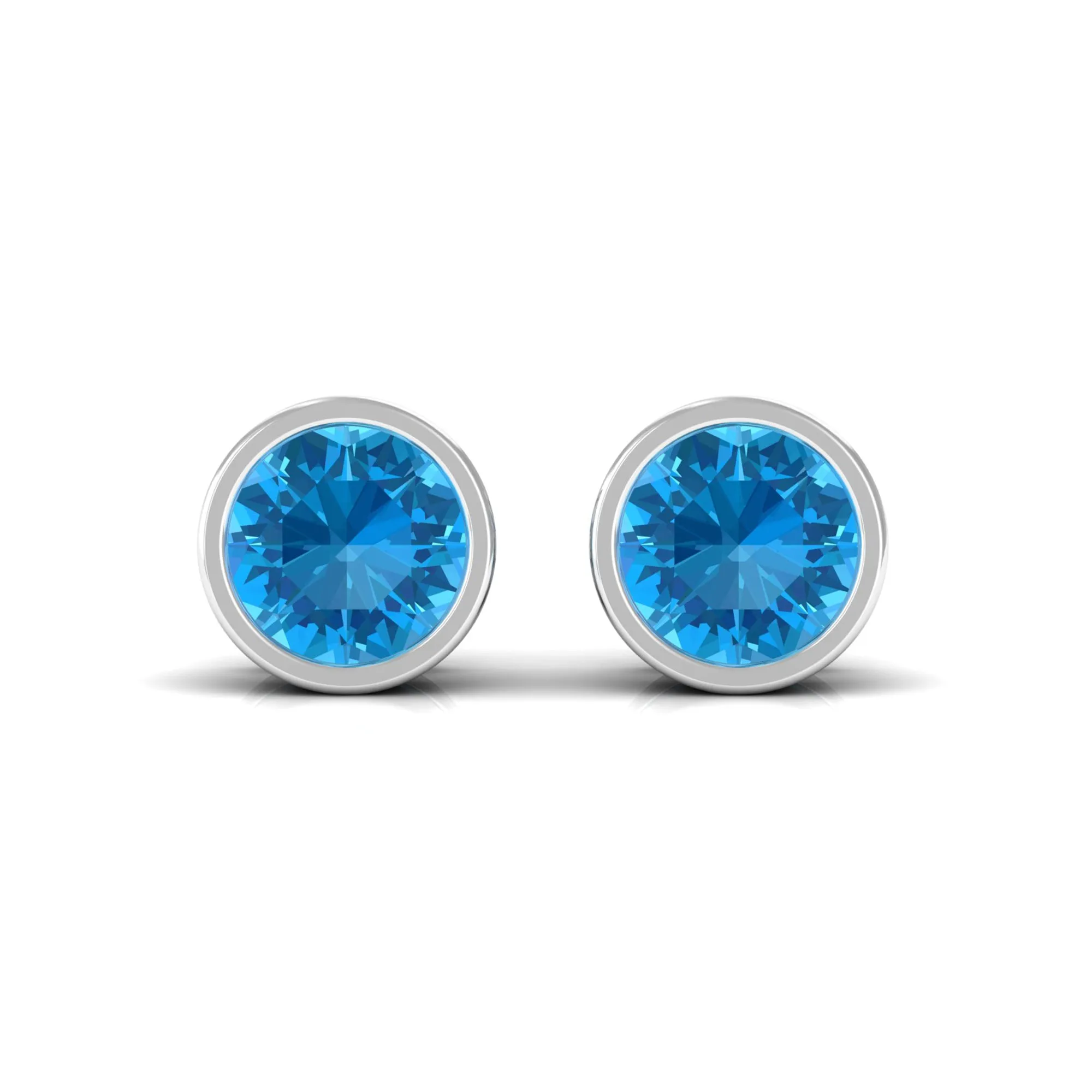 Swiss Blue Topaz Solitaire Stud Earrings in Bezel Setting