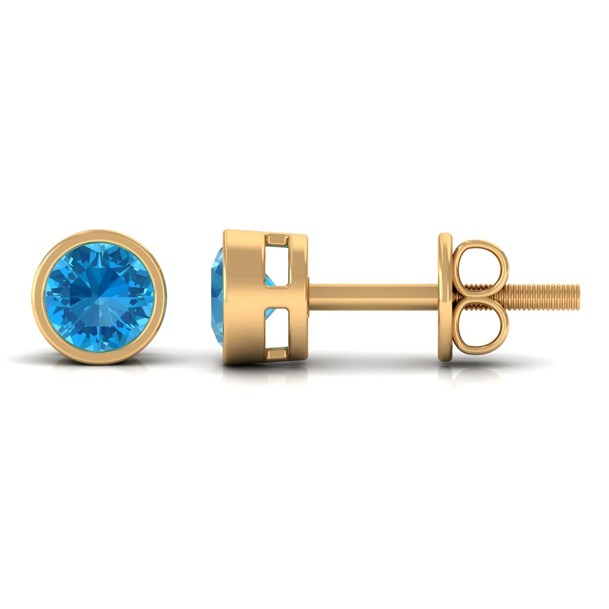 Swiss Blue Topaz Solitaire Stud Earrings in Bezel Setting