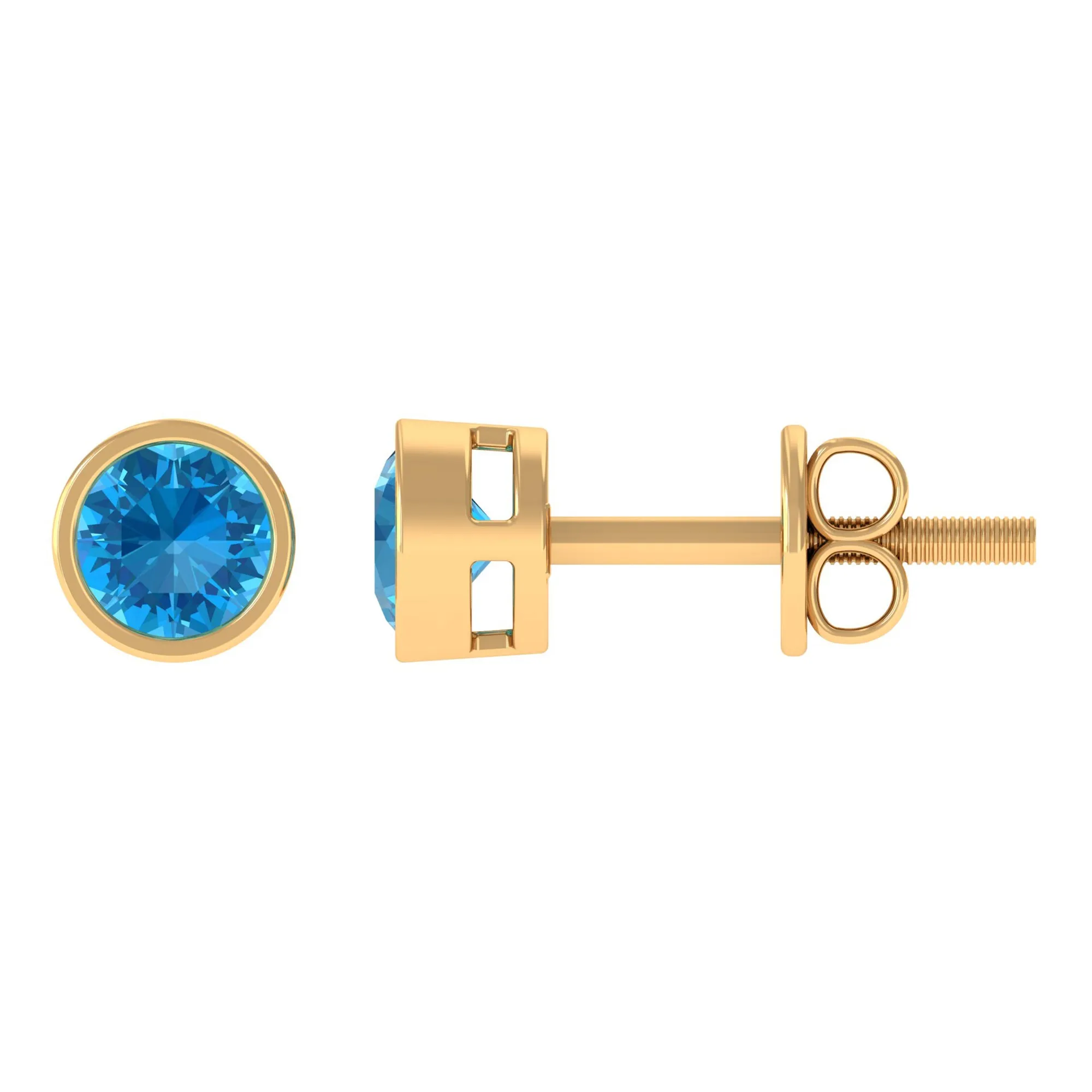 Swiss Blue Topaz Solitaire Stud Earrings in Bezel Setting