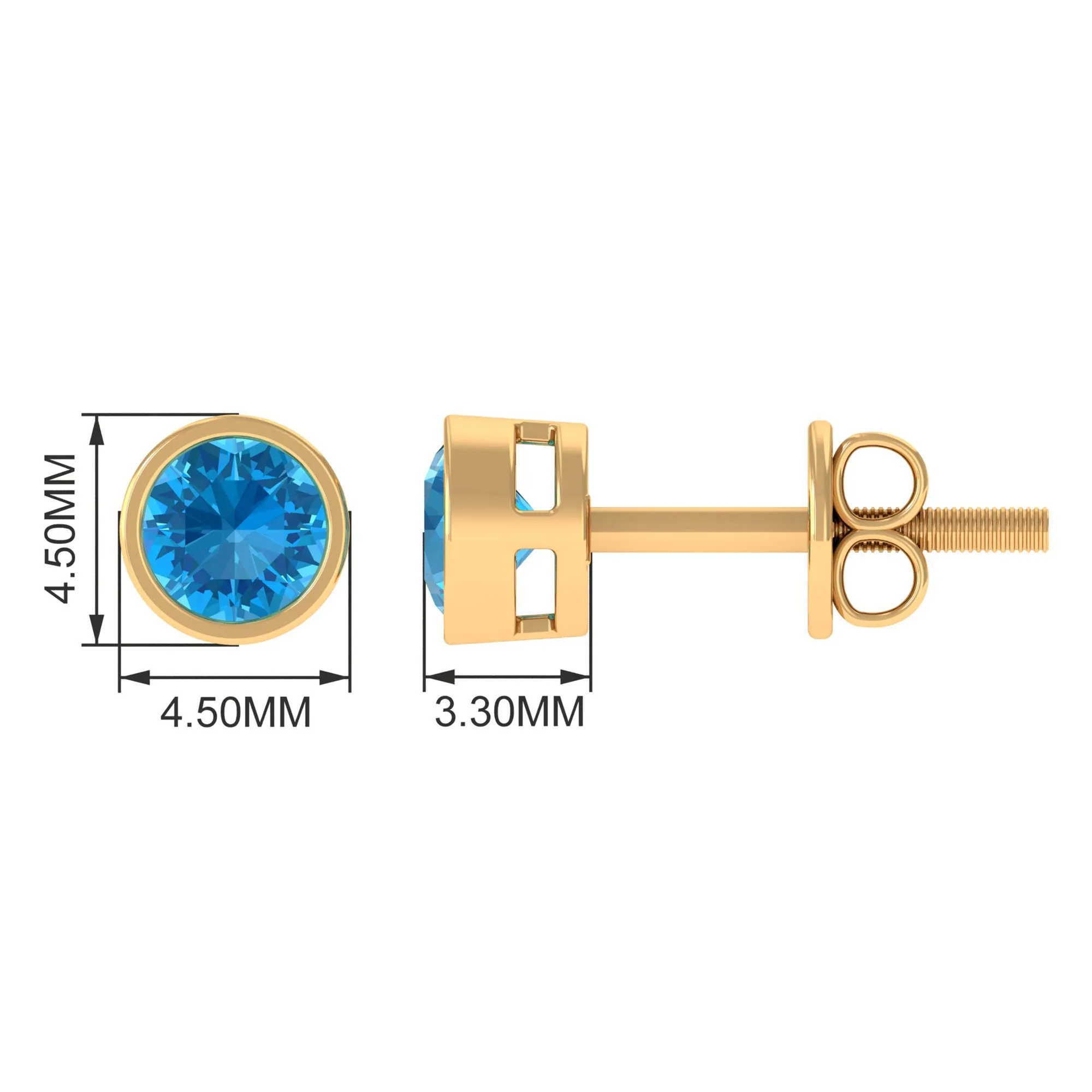 Swiss Blue Topaz Solitaire Stud Earrings in Bezel Setting