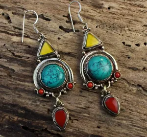 Turquoise and Amber Large Stone Tibetan Earrings