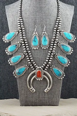 Turquoise, Coral & Sterling Silver Squash Blossom Set - Tom Lewis