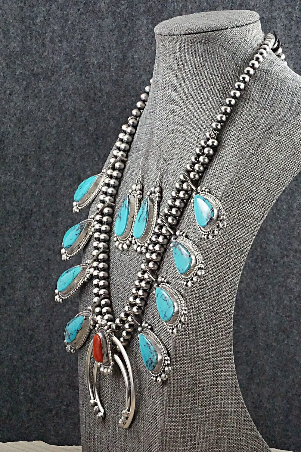 Turquoise, Coral & Sterling Silver Squash Blossom Set - Tom Lewis