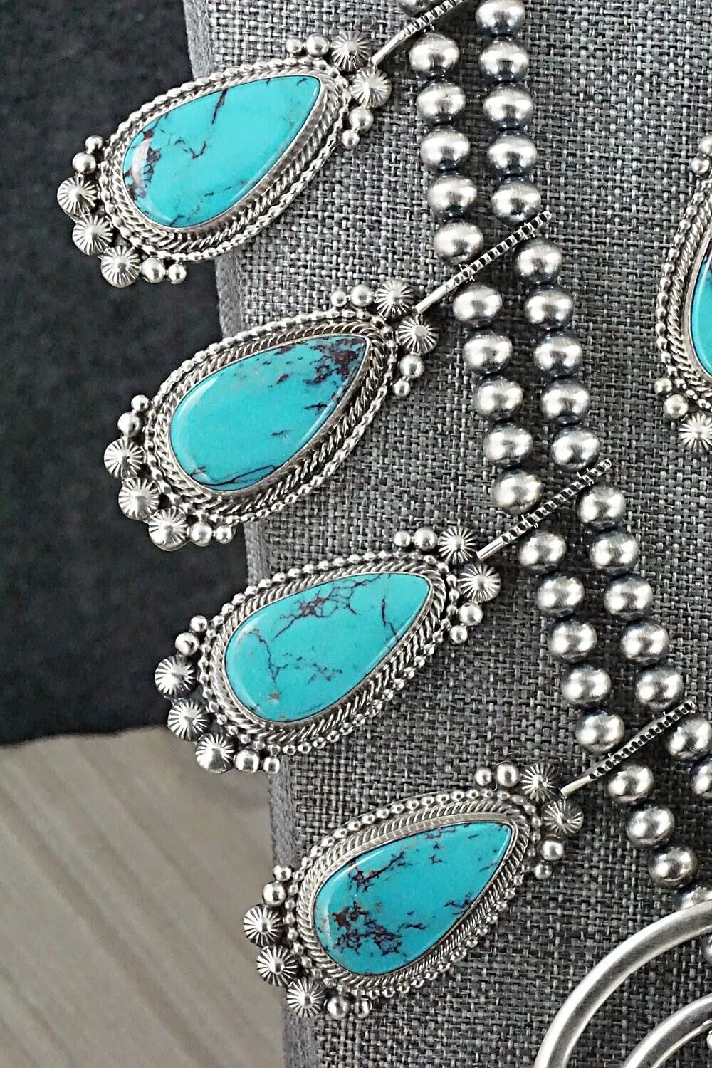 Turquoise, Coral & Sterling Silver Squash Blossom Set - Tom Lewis