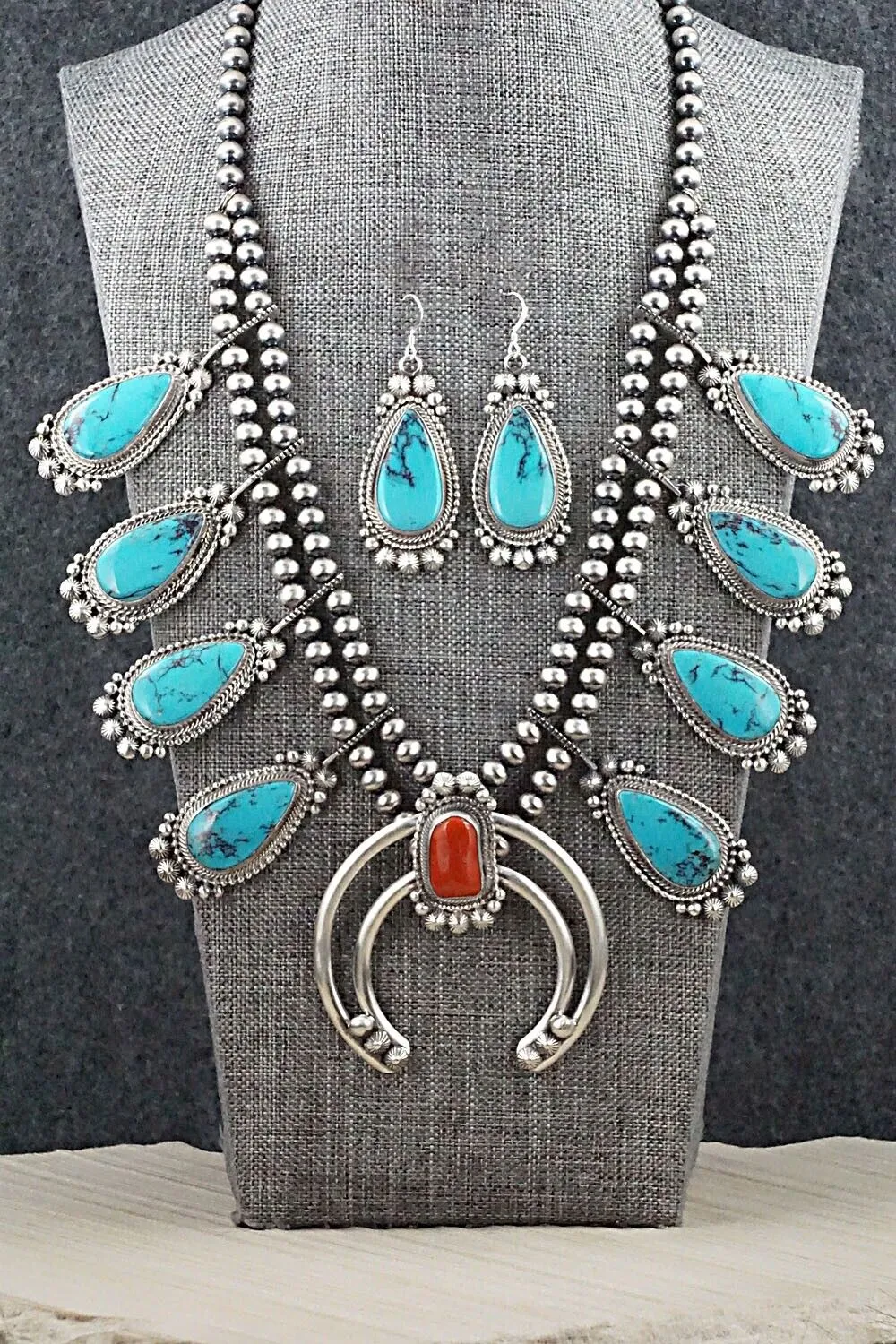 Turquoise, Coral & Sterling Silver Squash Blossom Set - Tom Lewis
