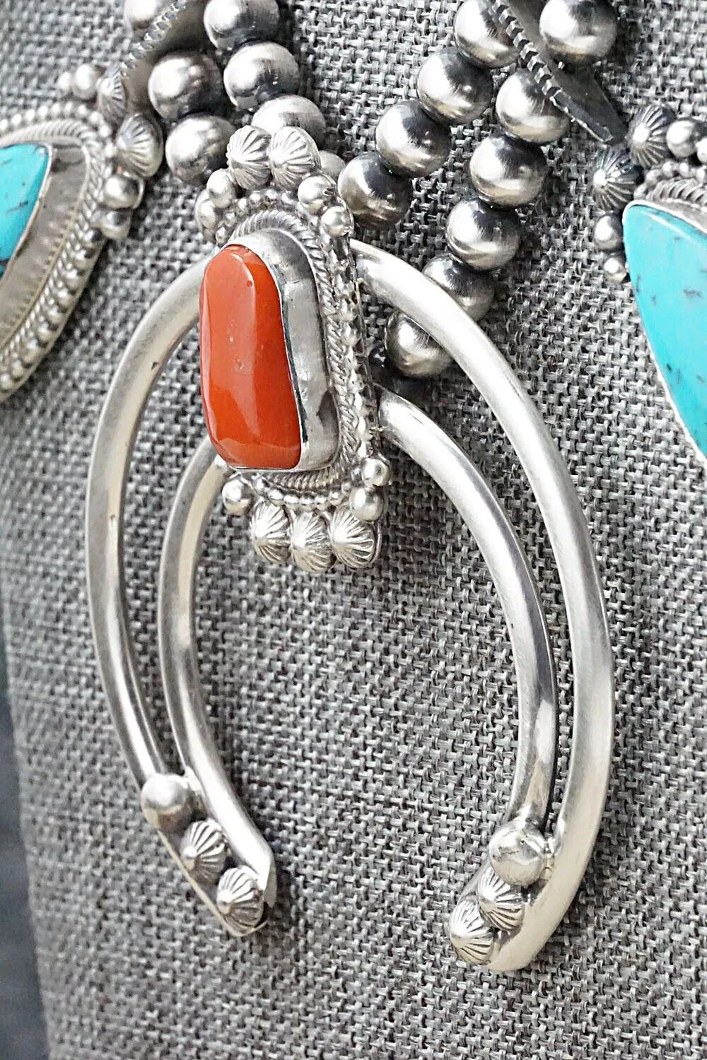 Turquoise, Coral & Sterling Silver Squash Blossom Set - Tom Lewis