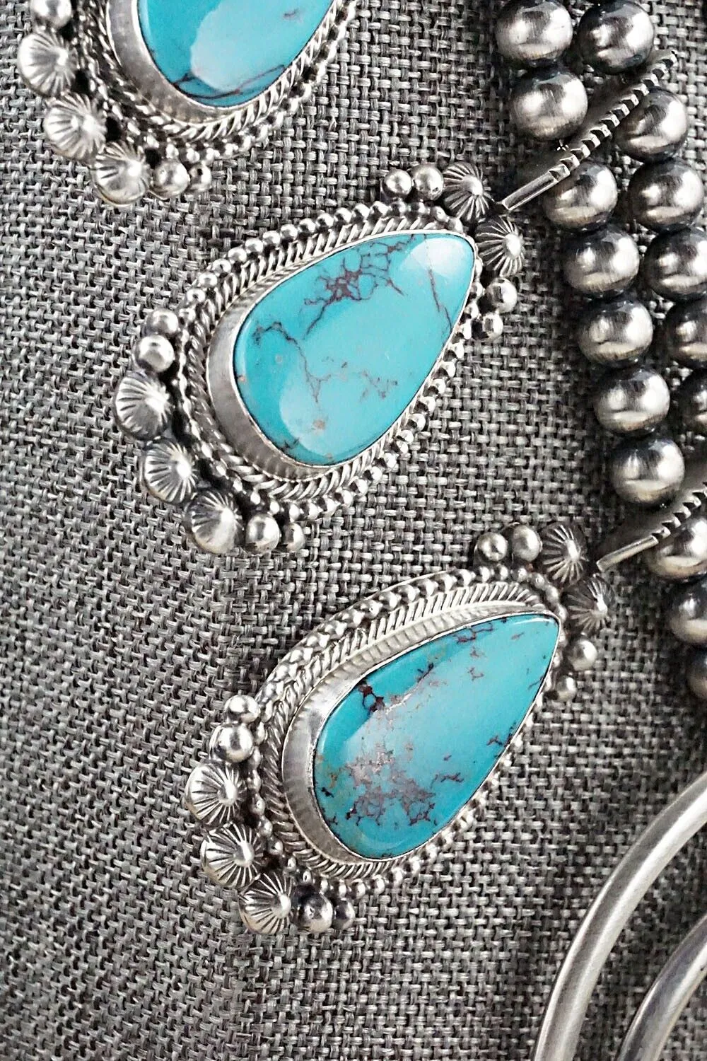 Turquoise, Coral & Sterling Silver Squash Blossom Set - Tom Lewis