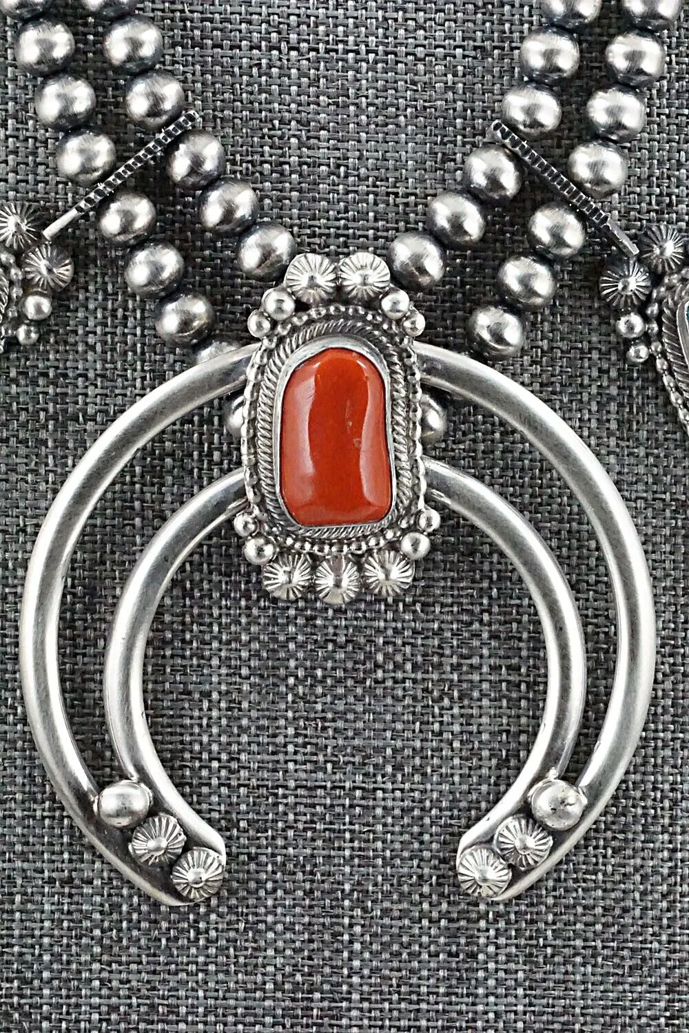 Turquoise, Coral & Sterling Silver Squash Blossom Set - Tom Lewis