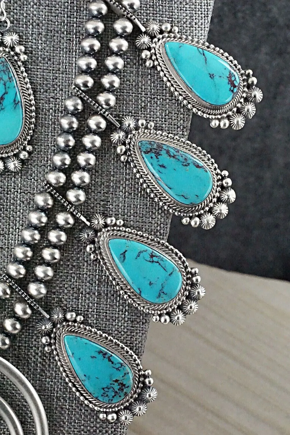 Turquoise, Coral & Sterling Silver Squash Blossom Set - Tom Lewis