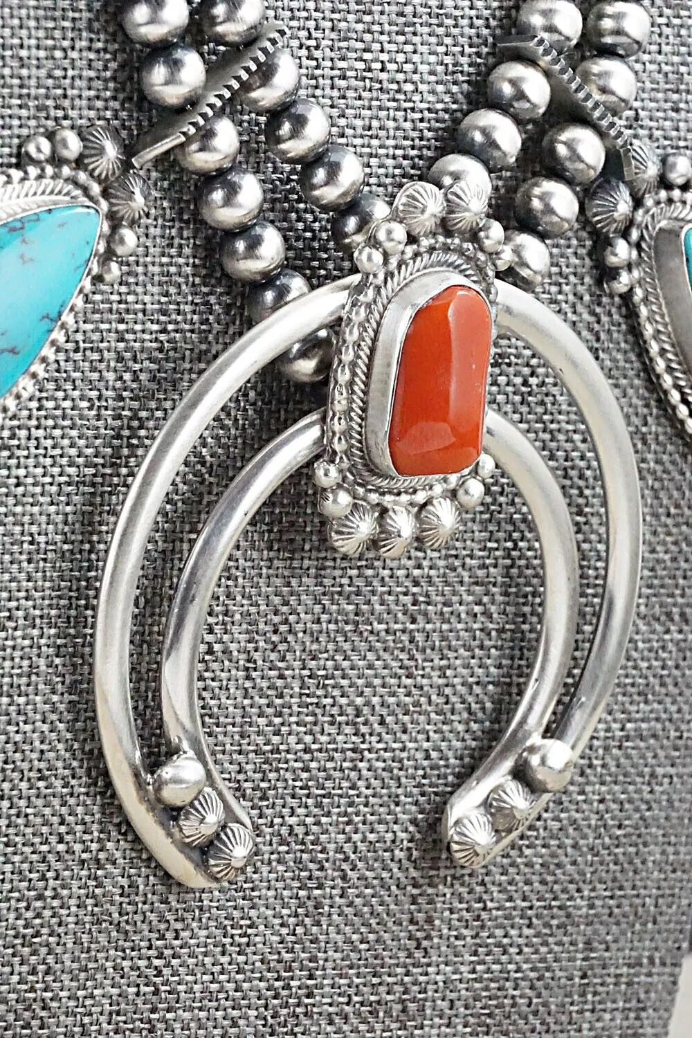 Turquoise, Coral & Sterling Silver Squash Blossom Set - Tom Lewis